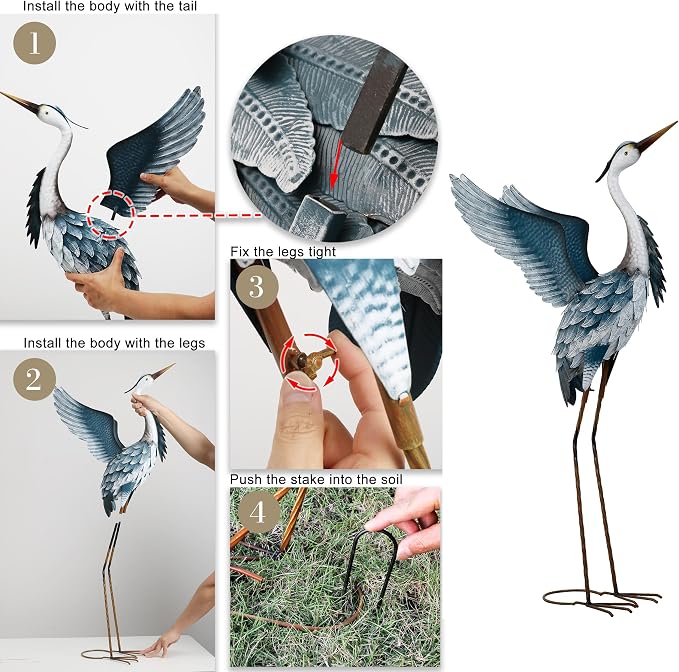 TERESA'S COLLECTIONS Garden Decor Blue Heron Metal Yard Art,38-42" Large Metal Cranes Sculptures & Statues Heron Decoy for Outdoor Indoor Decorations,Outside Patio,Pool, Lawn,Set of 2,Gift for Mom