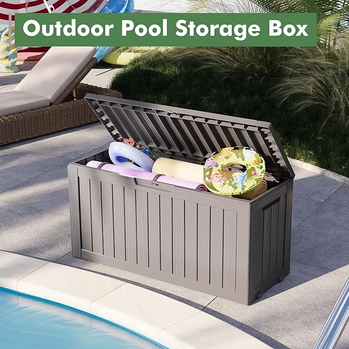 LHBGO 80 Gallon Deck Box Large Outdoor Storage Boxfor Patio Furniture,Outdoor Cushions, Garden Tools, Sports Equipment and Pool Supplies, Waterproof, Resin, Lockable