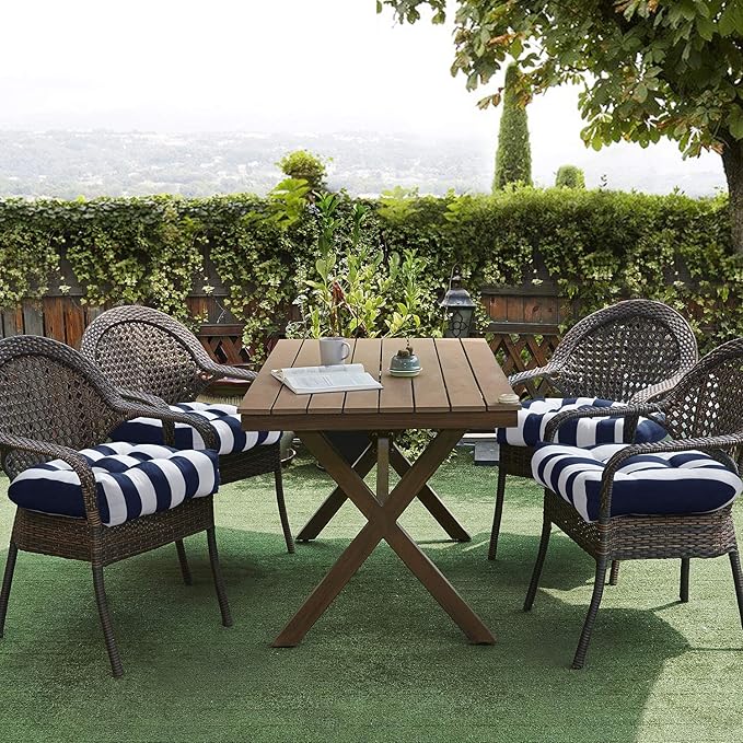 Sweet Home Collection Patio Cushions Outdoor Chair Pads Premium Comfortable Thick Fiber Fill Tufted 19" x 19" Seat Cover, 6 Pack, Havana Navy/White