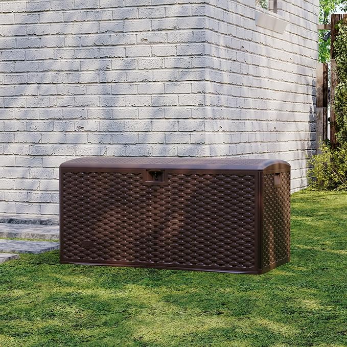 120 Gallon Waterproof Large Resin Deck Box Indoor Outdoor, Lockable Storage Container for Patio Furniture Cushions, Throw Pillows, Garden Tools, and Pool Floats, Brown