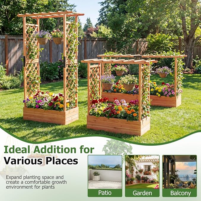 HAPPYGRILL Raised Garden Bed with Trellis, Freestanding 45" Wood Planter Box w/Hanging Roof & 8 Drainage Holes for Vine Climbing Plants Flowers, Outdoor Wood Elevated Garden Bed for Patio Yard, Orange