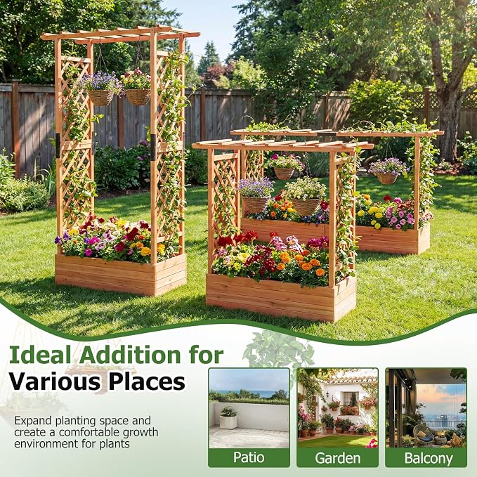 HAPPYGRILL 89" Raised Garden Bed with Trellis & Hanging Roof, Wooden Planter Box with 4 Drainage Holes, Outdoor Wood Elevated Garden Bed for Climbing Plants Vines Vegetables Flowers (Orange,1)