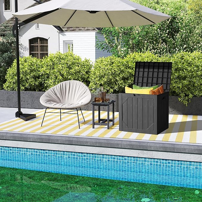 Outdoor Storage Deck Box Waterproof,30 Gallon Lockable Patio Package Delivery Bin as Seat, Resin Storage Container Bench for Furniture Cushions, Pool Accessories, Garden Tools, Black