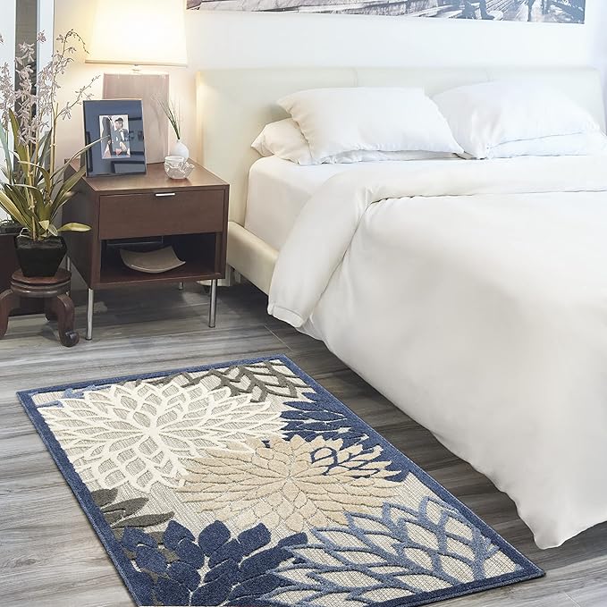 Nourison Home Aloha Indoor/Outdoor Blue/Multicolor 3' x 5' Area Rug, Tropical, Botanical, Easy Cleaning, Non Shedding, Bed Room, Living Room, Dining Room, Deck, Backyard, Patio (3x5)