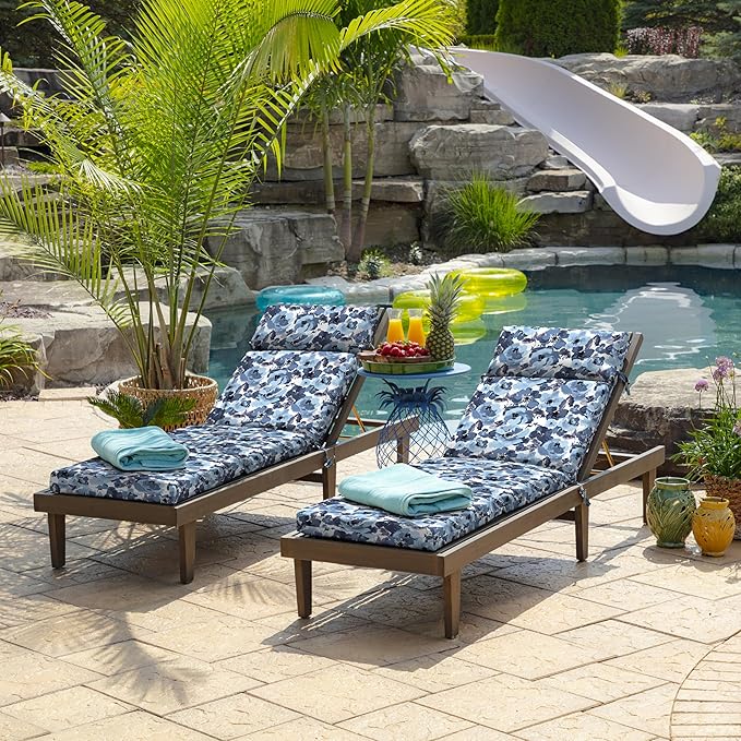 Arden Outdoor Chaise Lounge Cushion, 22 x 77, Rain-Proof, Fade Resistant Blue Garden Floral