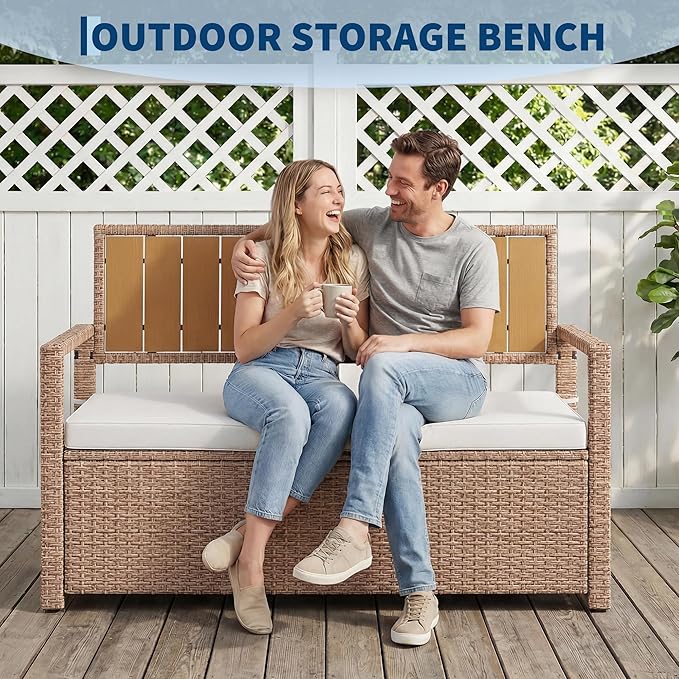 Outdoor Storage Bench with Cushion, 2-Seater PE Rattan Storage Box with Backrest & Armrests, 75 Gallon, 400 lbs Capacity Weatherproof Patio Bench for Garden, Balcony, Porch, Pool, Yard, Brown