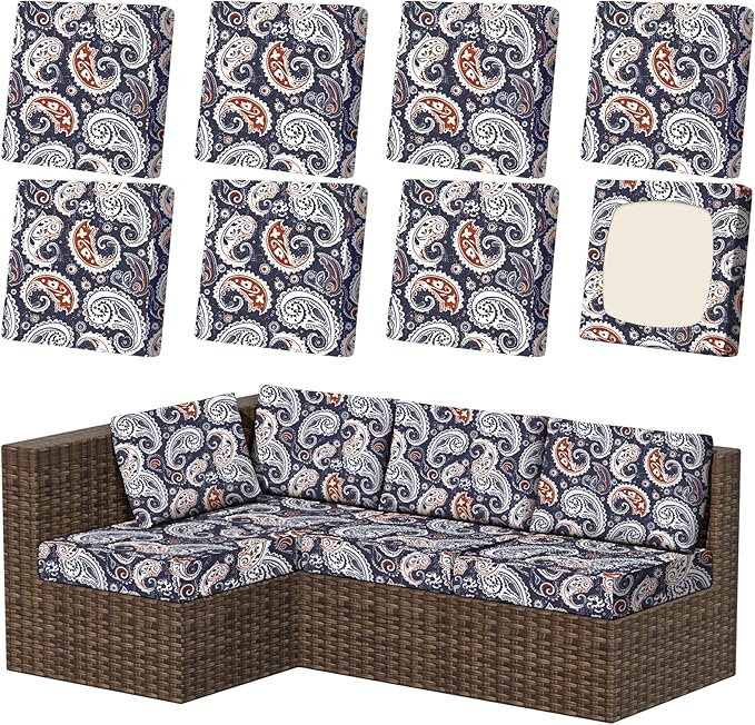 8Pcs Patio Stretch Cushion Covers, Outdoor Couch & Sofa Replacement Slipcovers for Patio Furniture Cushion Covers, Washable Reusable Furniture Protector, Square Large, Blue Paisley
