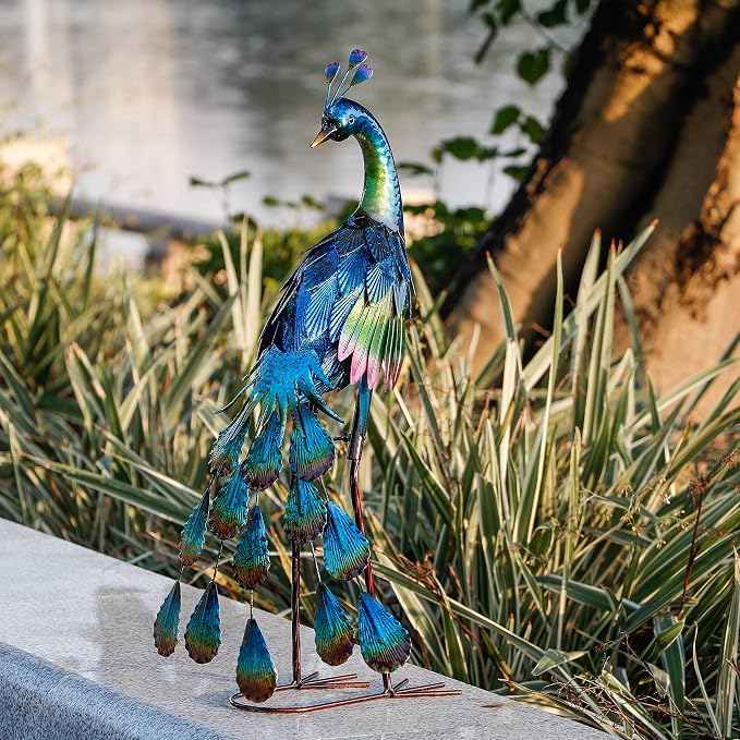 TERESA'S COLLECTIONS Garden Decor, Peacock Yard Decor, Elegant Peacock with Colorful Painting,18", Waterproof Metal Outdoor Statues, Garden Gifts, Birthday Gifts for Women Mom