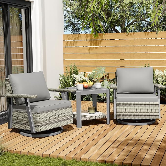 Pamapic 3 Pieces Patio Furniture Set, Outdoor Swivel Glider Rocking Chairs with Thick Cushions, Outdoor Wicker Bistro Set with Side Table, Swivel Conversation Set for Porch, Balcony, Deck