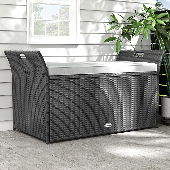 YITAHOME 90 Gallon Outdoor Wicker Storage Bench w/Cushion, Large PE Rattan Deck Storage Box w/Handles & Hydraulics for Patio Furniture, Cushions, Garden Tools, Pool & Sports Equipment, Black&Grey