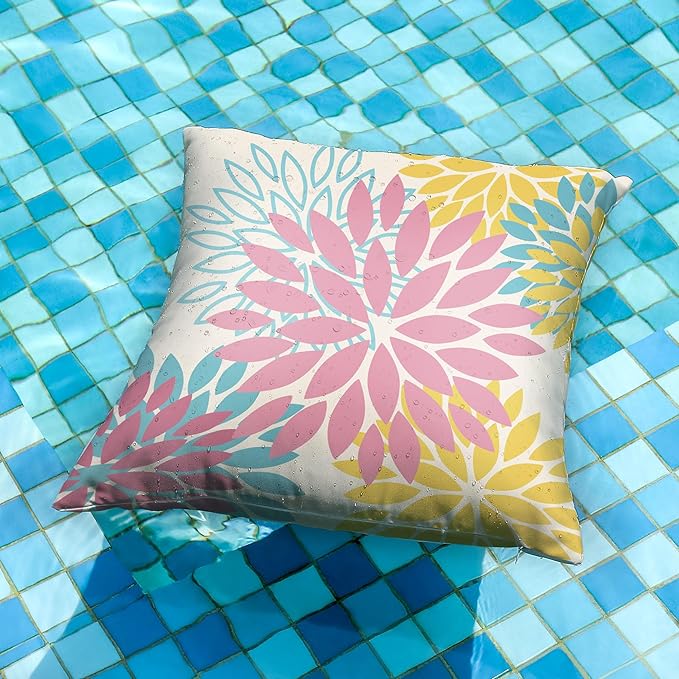 DFXSZ Pink Yellow Blue Flower Pillow Covers 18x18 Inch Set of 2 Outdoor Throw Pillows Outdoor Waterproof Decor for Living Room Sofa Patio Funiture Garden Floral Polyester Pillow Covers 012A18