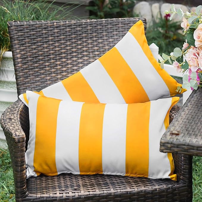 Western Home Pack of 2 Decorative Outdoor Solid Waterproof Striped Throw Pillow Covers Polyester Linen Garden Farmhouse Cushion Cases for Patio Tent Balcony Couch Sofa 12x20 inch Yellow