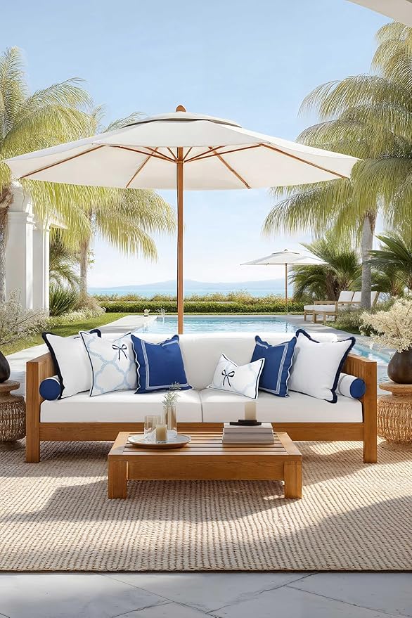 Hofdeco Premium Coastal Hampton Scalloped Patio Indoor Outdoor Throw Pillow Cover Only, 20"x20" Water Repellent for Backyard, Couch, Poolside, Navy Blue Embroidered Frame