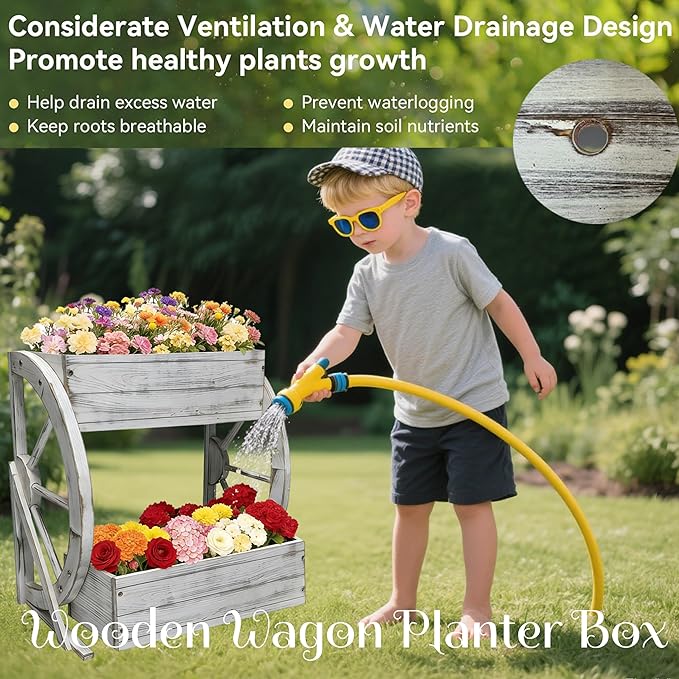 2 Tier Medium Wooden Wagon Planter Box|Outdoor Planter/Flower Pot for Indoor&Outdoor Plants-Rustic Garden Planter for Patio,Porch&Garden Decor-Raised Garden Bed for Succulents,Herbs,Vegetables