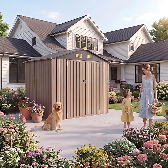 IRONCK 6×8 FT Shed, Galvanized Steel Tool Storage Shed with Lockable Double Doors & Ventilation, Outdoor Utility Storage for Wheelbarrow, Bikes, Yard Bins, Black Brown