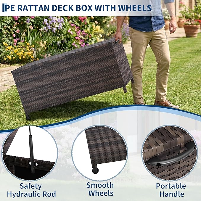 125 Gallon Large Deck Box Waterproof PE Rattan Outdoor Storage Box with Handles and Wheels, Storage Bin for Garden, Balcony, Porch, Pool, Yard