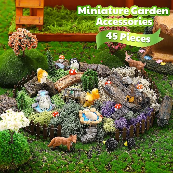 Chunful 45 Pcs Adult Fairy Garden Accessories Miniature Garden Figurines Tiny Resin Animals Forest Kit Pool Bridge Fence Pond Mushroom for Potted Plant Bonsai Terrarium Decor