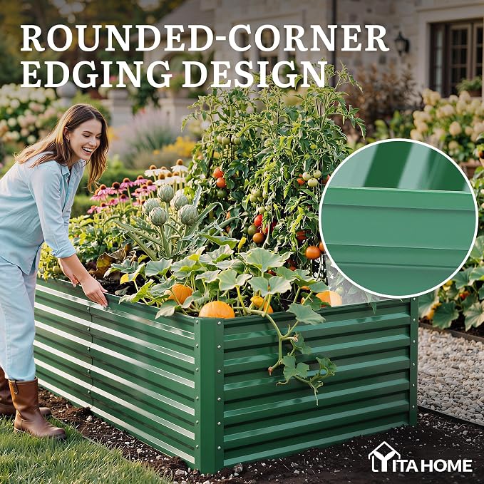 YITAHOME 6x3x2ft Large Raised Garden Bed Kit, Galvanized Metal Planter Box with Gloves, Support Rod, Outdoor Above Ground Planters for Plants, Vegetables, Flowers, Green