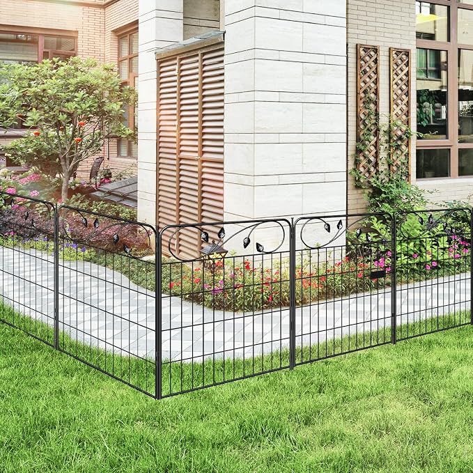 FOREHOGAR Decorative Metal Garden Fence 30in(H) X16ft(L) 1 gate+7 Panels Temporary Dog Fence Border for Landscape Patio Outdoor with gate, No dig Garden Fencing Gates for Yard
