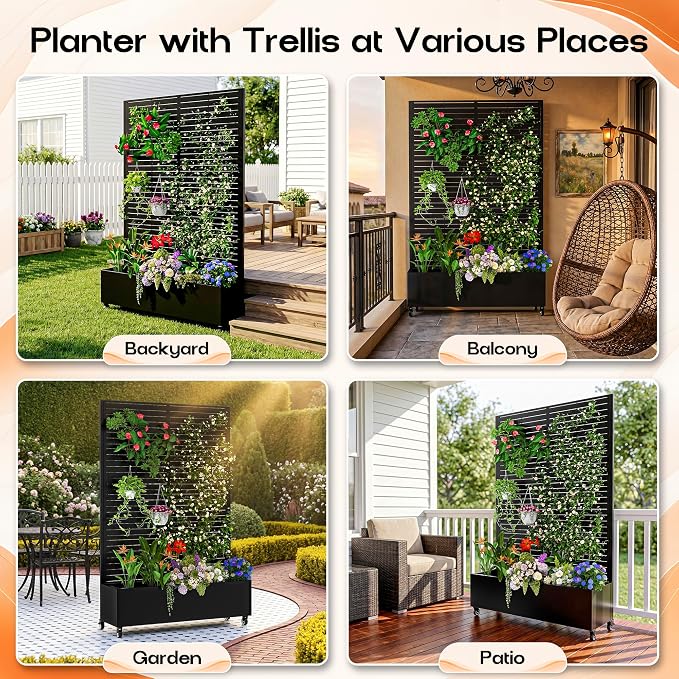 MTART Metal Planter Box with Trellis, 72.1"x47.2"x16" Outdoor Galvanized Raised Garden Bed with Privacy Screen & Drainage Holes & Lockable Casters for Climbing Plants, Vegetable (Louvered-Black1)