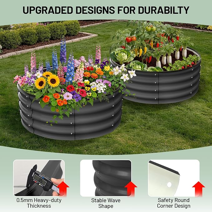 Garvee Galvanized Raised Garden Bed, 2Pcs Raised Garden Beds Outdoor, Round Planter Raised Beds with Gloves and Rubber Edge Trim for Vegetables, Flowers and Herbs, 2x2x1 FT, Dark Grey