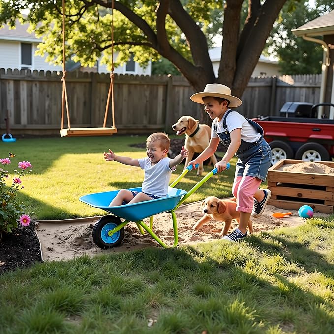 G & F Kids Metal Wheelbarrow, Child-Size Steel Garden Wheelbarrow for Toddlers & Kids, Sturdy Single-Wheel Design for Outdoor Play, Gardening & Sandbox Fun Activities, 28" H x 12" W Kid Size