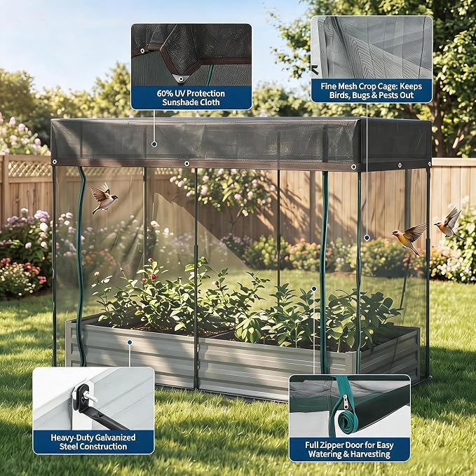 6x3x1Ft Galvanized Raised Garden Bed Kit w/Self Watering Irrigation & Mesh Cover, Metal Bottomless Raised Planter Box for Veggies Herbs Flowers, Rustproof Elevated Garden Bed Backyard Patio Farm