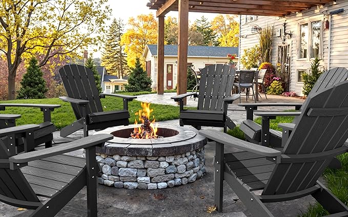 YEFU Adirondack Chair Weather Resistant: Outdoor Chair HIPS Plastic Adirondack Chairs - Patio Chairs with Wood Texture - Lawn Fire Pit Deck Porch Garden Chairs for Adults (Grey)