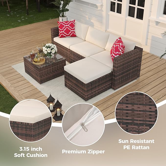 GAOMON Patio Furniture Sets 5 Pieces, PE Wicker Modern Patio Conversation Set with Storage Cushions for Poolside, Deck, Balcony (Brown/Beige)
