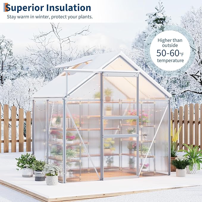 6x4FT Greenhouse for Outdoors, Walk-in Polycarbonate Greenhouse with Sliding Door, Adjustable Roof Vent & Gutter System, Portable Outdoor Green House Kit for Winter Gardening