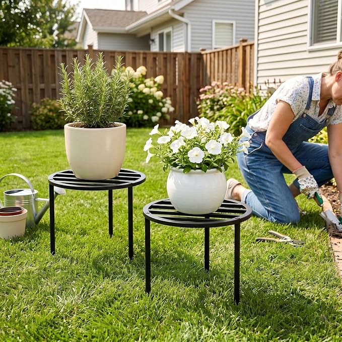 TOSKING 2-Pack Heavy Duty Metal Plant Stand Holds 120 lbs –10.2" Modern Minimalist Slatted Top Stand for Medium to Large Pots, Adjustable Leveling Feet & Rustproof Finish, Indoor/Outdoor, Black (10.2"D x 7.9"H)