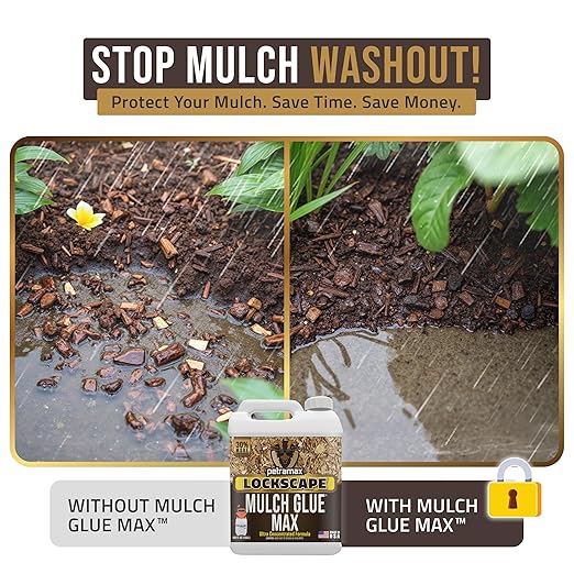 Petra Max Lockscape Mulch Glue for Landscaping -4 Gals - Strongest 3X Concentrated - Pet Safe Lockdown Sticky Mulch and Rock Glue for Pea Gravel 100% Permeable Binder Spray for Pine Straw, Wood Chips