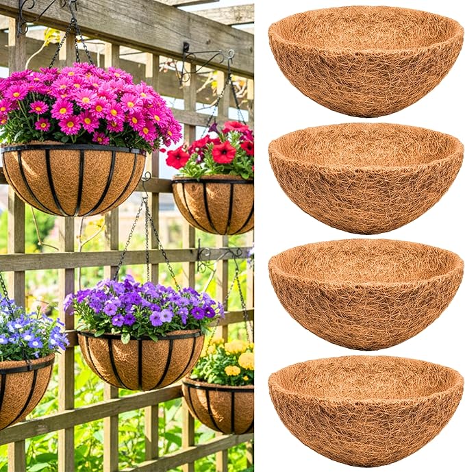 LaLaGreen 20" (4 Pack, Round) Coco Liners for Hanging Basket – Large Coir Fiber Replacement Liner for Pot, Outdoor Wall Mounted Planter – Also Available in 8/10/12/14/16/18 Inch & Different Shapes