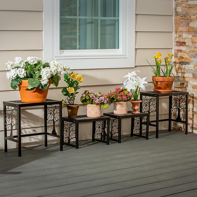 Evergreen Garden Nesting Plant Stands Indoor/Outdoor, Metal Plant Stand for Patio, Porch, Garden, Corner Plant Stands for Indoor Plants (Tree of Life, Set of 4)