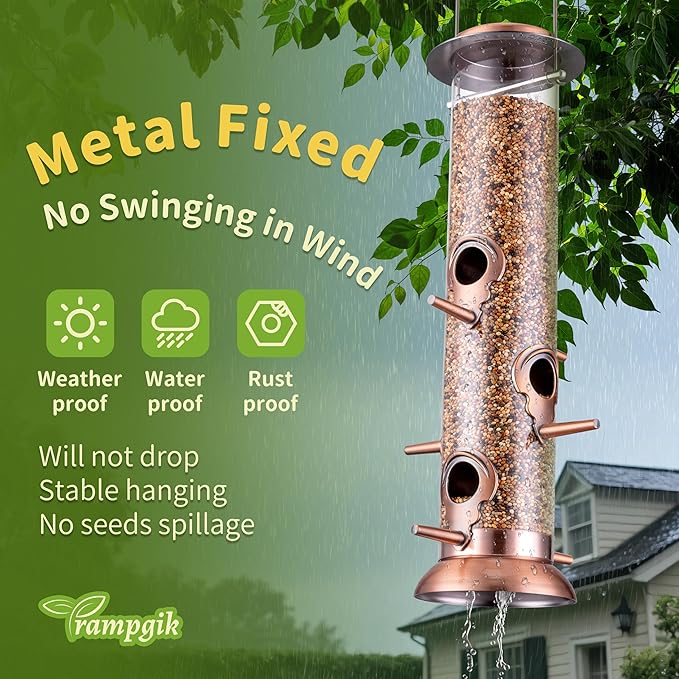 Bird Feeders for Outdoors,13 Inch 6 Ports Squirrel Proof Bird Feefers,Finch Feeder for Outside,Chew-Proof Metal Hanging Bird Feeder,Rust-Proof,Easy to Refill & Clean,Copper,Pack of 1