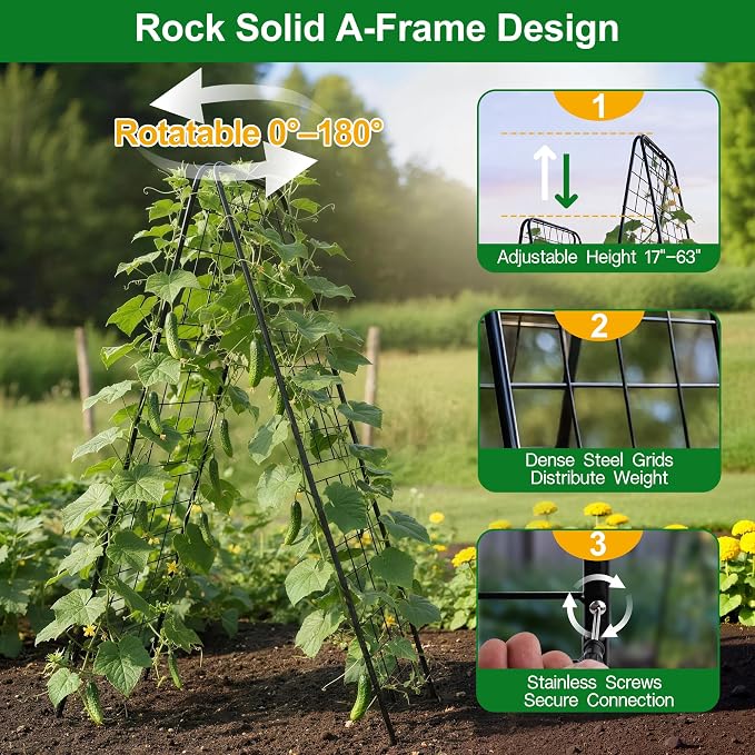 WAENLIR 50x17inch Cucumber Trellis Tomato cage with Dense Steel Grid–A-Frame Heavy Duty Metal Trellis for Raised Beds, Cattle Panels for Garden Trellis for Climbing Plants Outdoor (Black, 50x17inch)