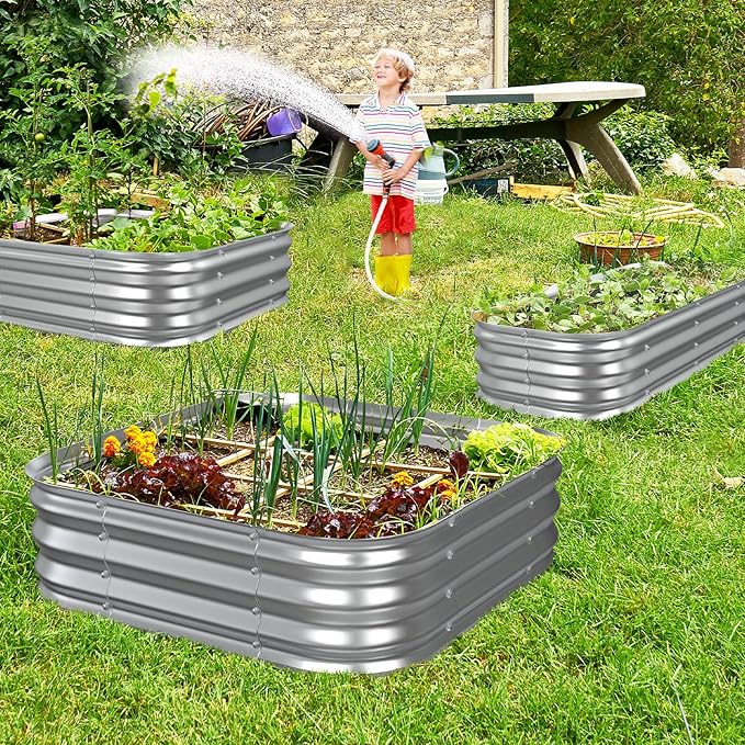 Galvanized Raised Garden Bed 4x4 ft, Heavy Duty Metal Planter Box for Vegetables, Flowers & Herbs, 12" Raised Outdoor Modular Gardening Bed, Above Ground Growing Container, Easy Assembly, Silver