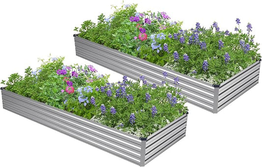 2PCS 8x4x1ft Galvanized Raised Garden Bed,Outdoor Planter Box Metal Patio Kit Planting Bed for Vegetables Flowers Herb,Silver