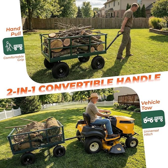 Sekey 1600 lbs Heavy Duty Steel Garden Cart for Farm & Construction, 12 Cu.Ft. Extra-Large Utility Wagon with Removable Sides, 2-in-1 Towable Handle, 13" Rubber Tires, Green