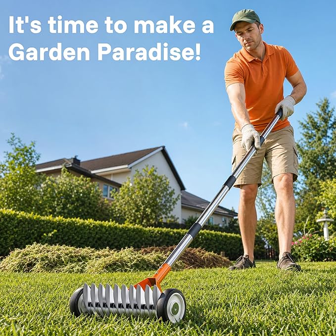 Thatch Rake for Lawn Dethatcher 15 Inch Heavy Duty Metal Rake with Wheels,Adjustable Long Handle Garden Rake for Loosening Soil Gathering Leaf