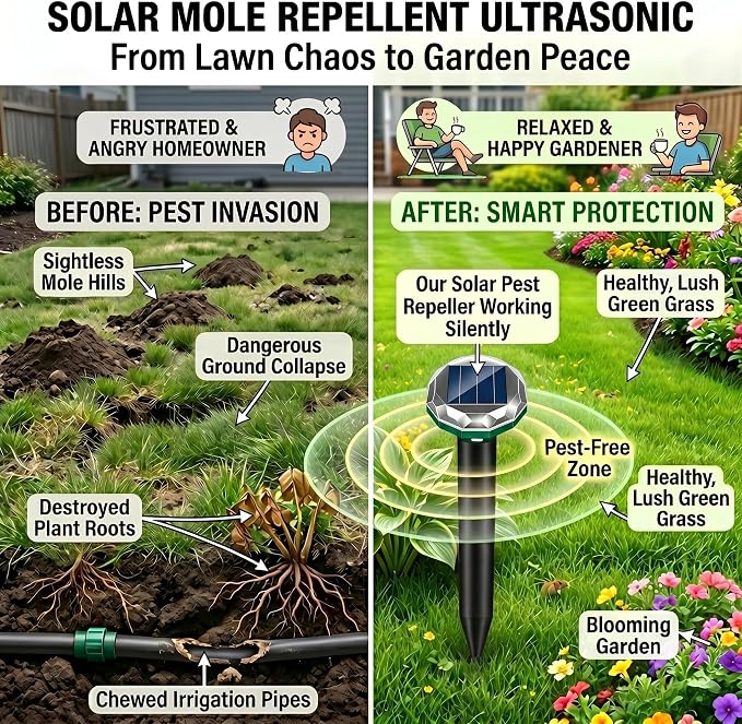 8 Pack Mole Repellent Solar Powered Gopher Repellent Ultrasonic Vole Repellent Outdoor Waterproof Spikes Repellent Rat Deterrent Groundhog,Chipmunk,Snake,Sonic Mole Stakes for Garden,Yard