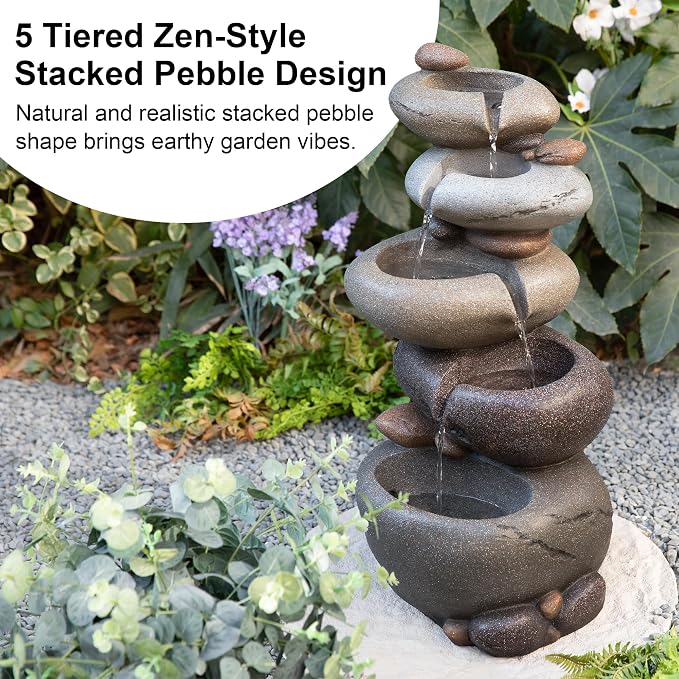 Glitzhome Water Fountain Outdoor, 5-Tiered Stacked Pebbles Outdoor Fountain with LED Lights and Pump, 24.5" H Zen Style Polyresin Waterfall Fountain Water Feature for Garden, Yard, Patio, Porch Decor