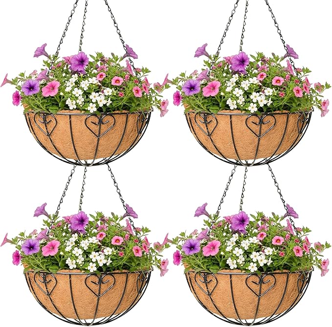 4 Pack Hanging Planter for Outdoor Plants 12 inch Metal Hanging Flower Basket with Coco Coir Liner Round Wire Plant Holder Chain Flower Pots Outdoor Garden Decoration Watering Hanging Baskets（AX）