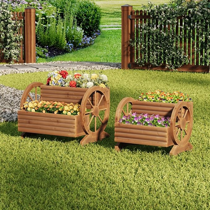 Wooden Wagon Planter with Wheels, Brown, Large | Flower Pots Outdoor Flower Cart, For Patio Balcony Decoration, Succulent Flower Pot, Indoor Backyard Yard Decor