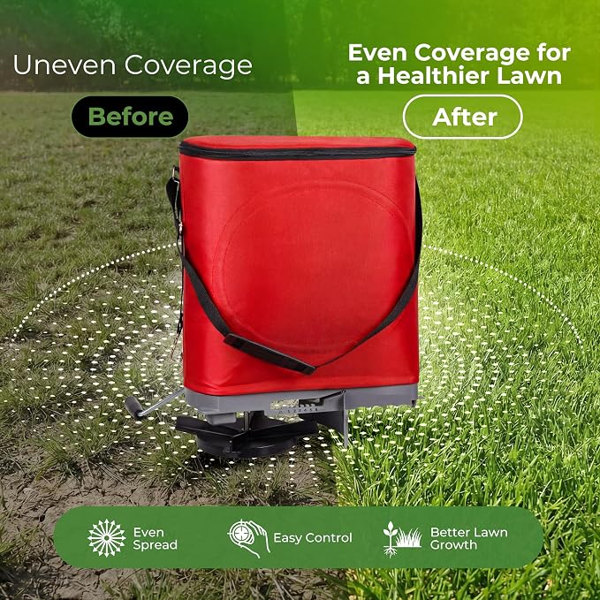 Walensee 25lb Handheld Bag Seed Spreader with Enclosed Metal Gears, Rear Baffle, Adjustable Flow Control, Durable Oxford Bag, Shoulder Strap, for Grass Seed and Fertilizer, Red