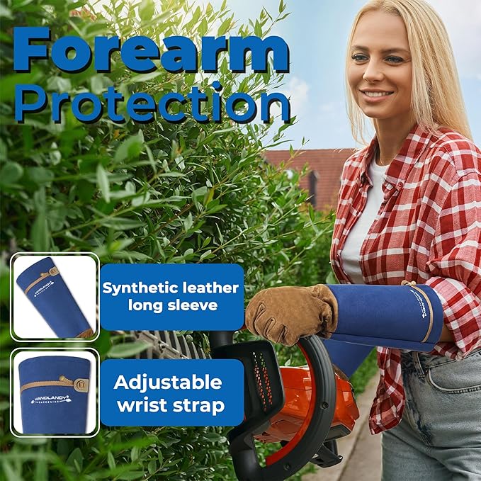 HANDLANDY Long Gardening Gloves for Men & Women, Pigskin Leather Rose Pruning Gloves, Breathable Thorn Proof Gauntlet Glove (Blue, XL)