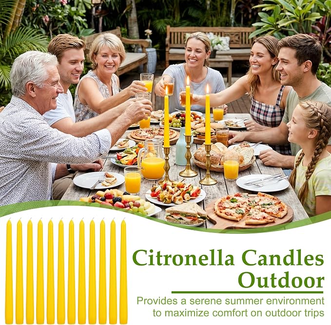 Citronella Taper Candles, 12-Pack 10-Inch Long Candle Sticks, Bulk Dripless Smokeless Tapered Citronella Candles for Dinner, Party, Home Decoration, Holiday, Wedding, Long Slow Burning Taper Candles