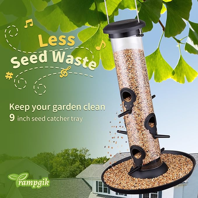 Bird Feeders for Outdoors Seed Catcher,6 Port Wild Bird Feeders with Tray,Bird Feeders for Outside Hanging for Cardinal 13 Inch,Black,Pack of 2
