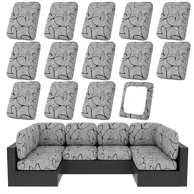 hyha 14Pcs Patio Cushion Covers, Stretch Outdoor Couch Cushion Covers, Washable Outdoor Chair/Sofa Slipcovers for Patio Furniture Cushions Protector with Elastic Bottom(Plain Art,Cover Only)