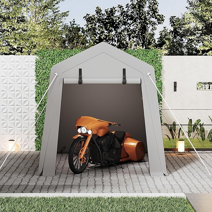 Portable Carport Storage Shed, 6' x 6' Motorcycle Tent, Waterproof & UV-Resistant with Roll-Up Zipper Doors, Gray Outdoor Shelter for Bikes, Tools & Equipment